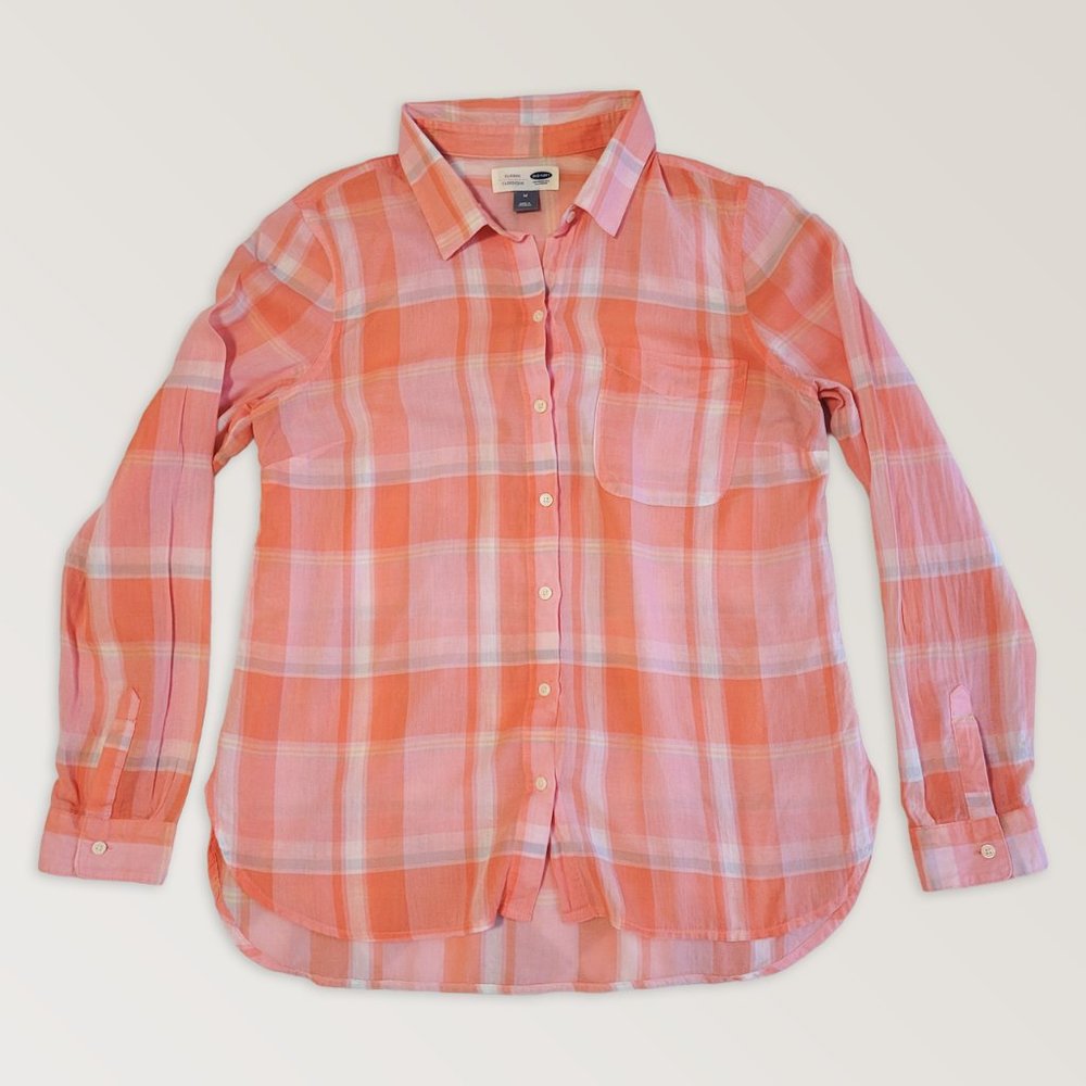 OLD NAVY Pink Classic Plaid Shirt, Farmhouse Fall Checkered Top, Size M